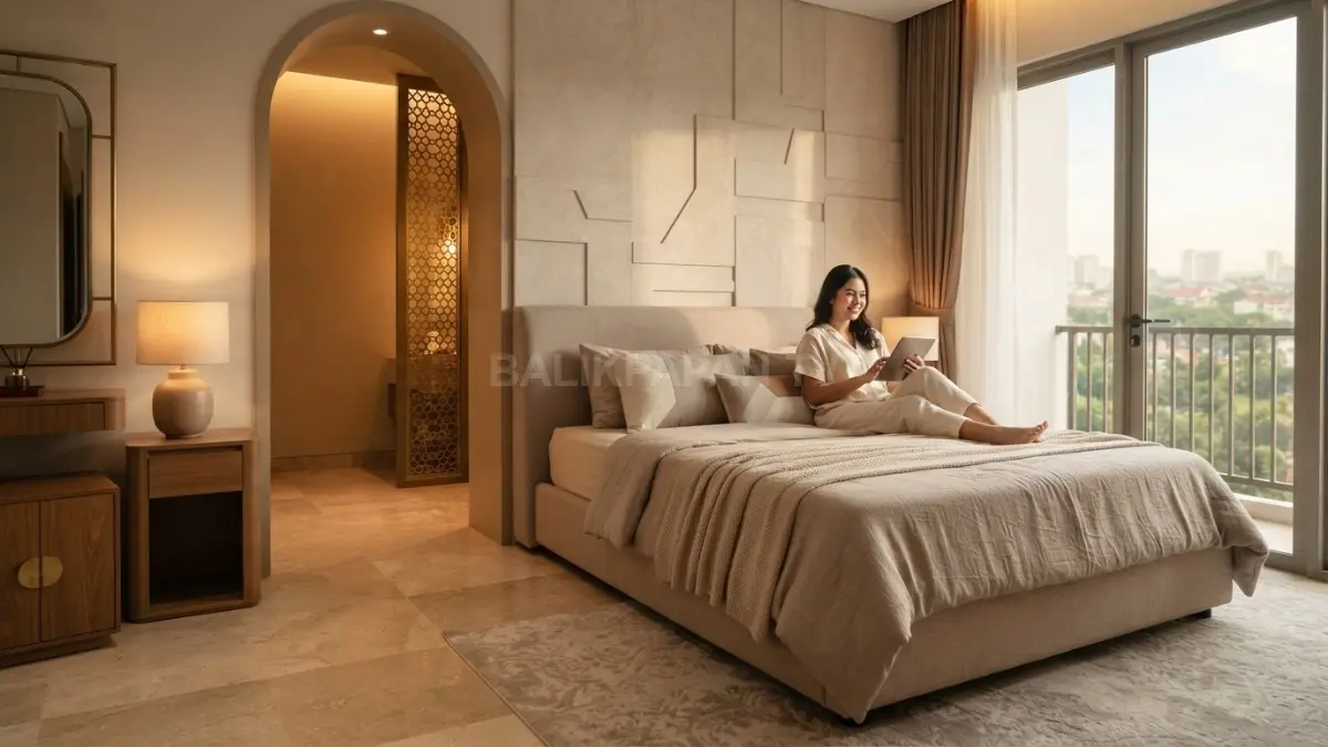 Kamar bergaya Qatar memadukan warna pasir, tekstur lembut, aksen metalik, dan panel dinding berkarakter elegan. (BTV/AI)