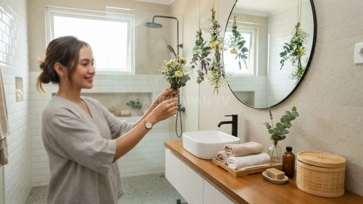 Kamar mandi floral spa menghadirkan bunga gantung bernuansa lembut, material natural, dan dekorasi sederhana yang menyegarkan. (BTV/AI)