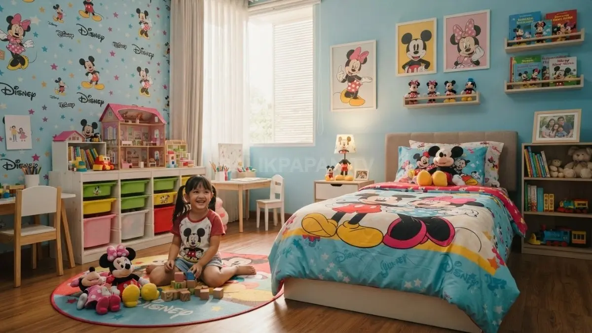Kamar Mickey Minnie ceria, nyaman, rapi, dengan dekorasi karakter, bedding, karpet, storage mainan, pencahayaan hangat (BTV/AI)
