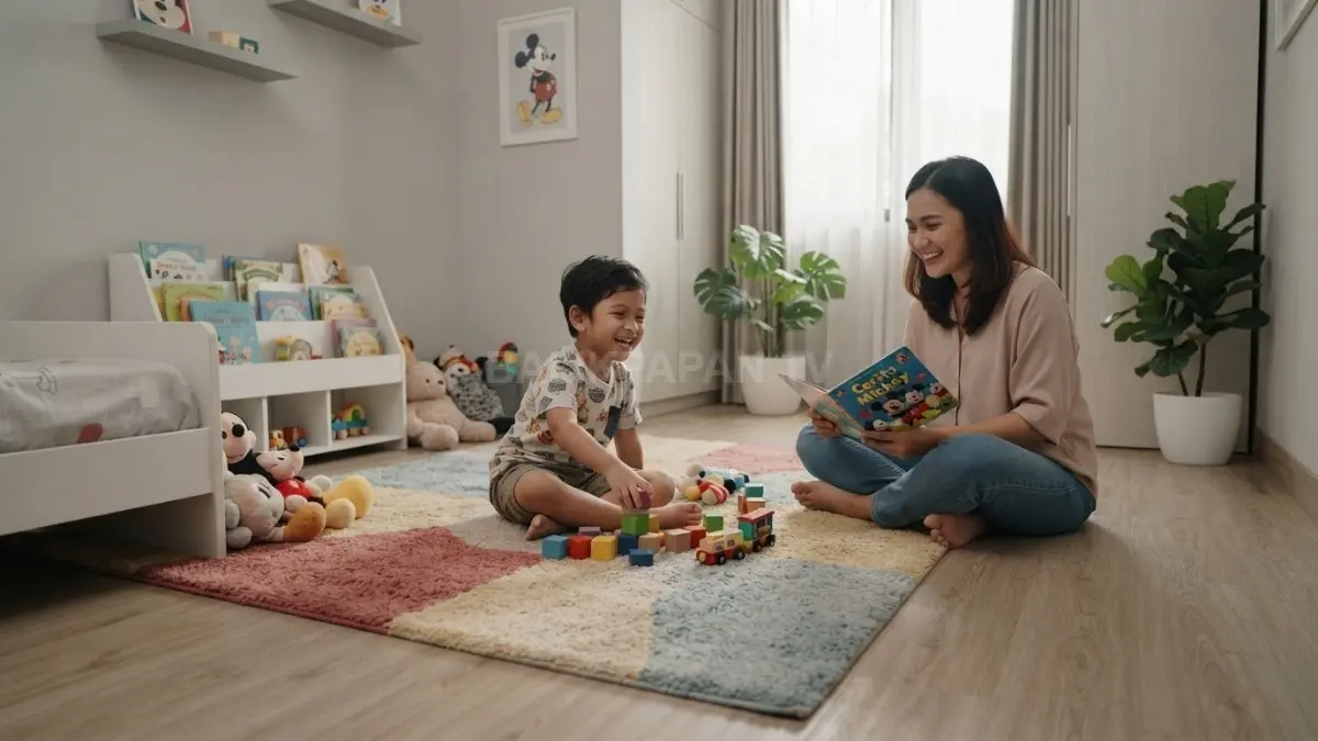 Karpet membagi area bermain, menjaga kamar tetap rapi, sekaligus memberi ruang nyaman untuk aktivitas anak setiap hari (BTV/AI)
