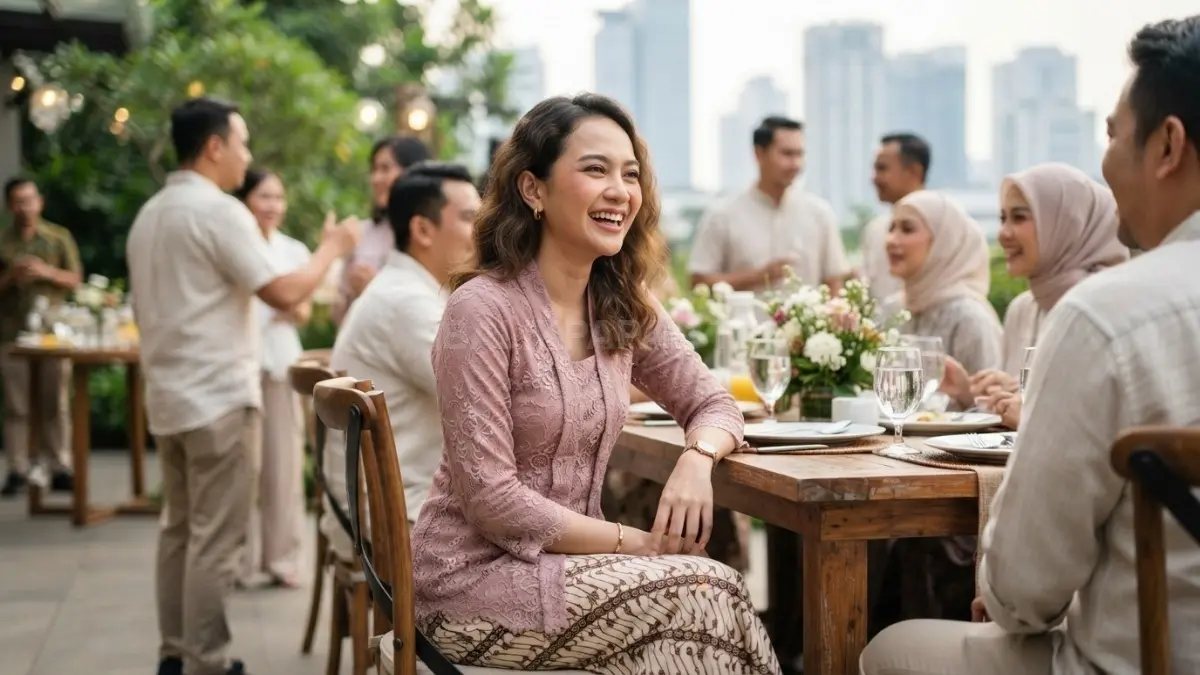 Kebaya brokat minimalis dengan rok batik menghadirkan tampilan anggun, feminin, nyaman, dan tetap cocok untuk acara keluarga (BTV/AI)
