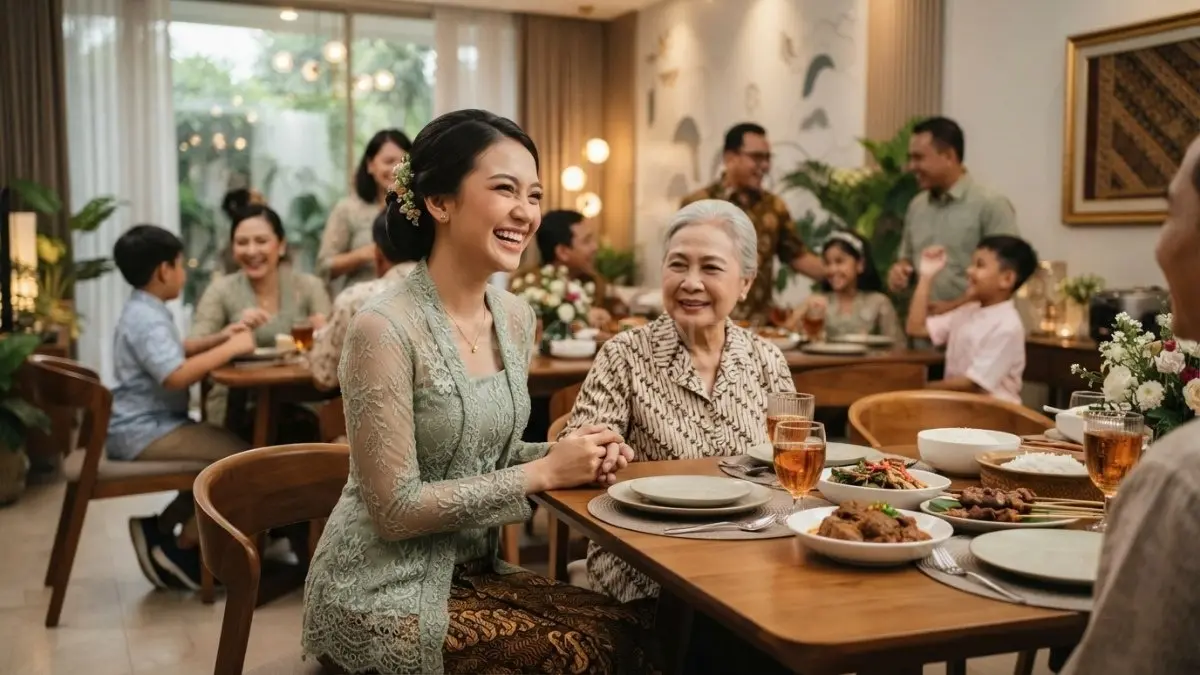 Kebaya modern lembut berpadu kain tradisional menciptakan tampilan anggun untuk acara keluarga yang hangat elegan (BTV/AI)
