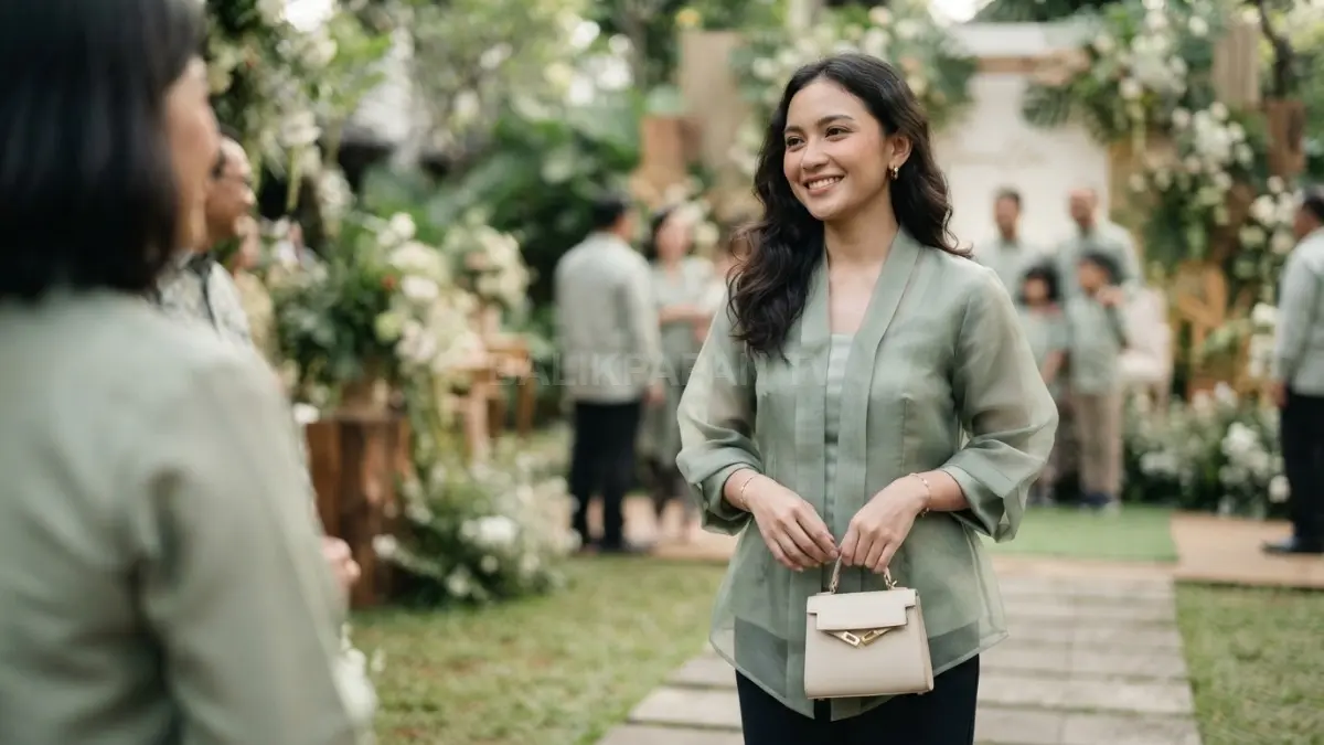 Kebaya organza menghadirkan siluet modern yang tegas, ringan, elegan, dan nyaman untuk acara keluarga (BTV/AI).
