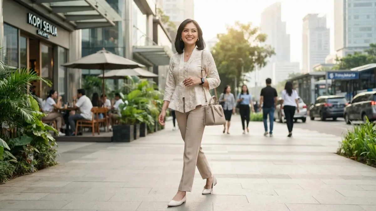 Kebaya peplum dengan celana bahan menciptakan tampilan anggun, modern, praktis, dan nyaman untuk menghadiri acara keluarga bersama.
(BTV/AI).