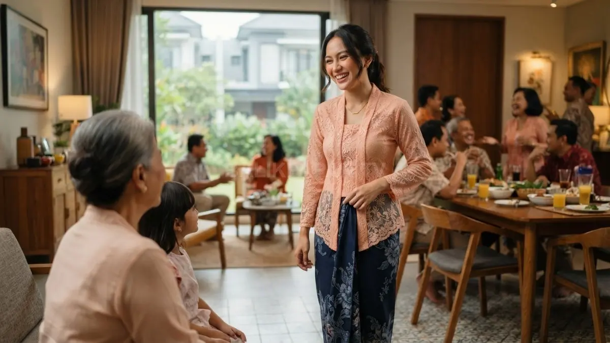 Kebaya tunik dengan rok lilit menghadirkan gaya anggun yang nyaman untuk bergerak saat acara keluarga (BTV/AI)
