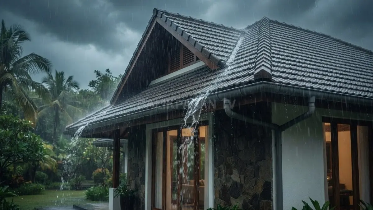 Kemiringan dan teritisan atap membantu mengarahkan air hujan sekaligus melindungi dinding serta jendela rumah. (BTV/AI)