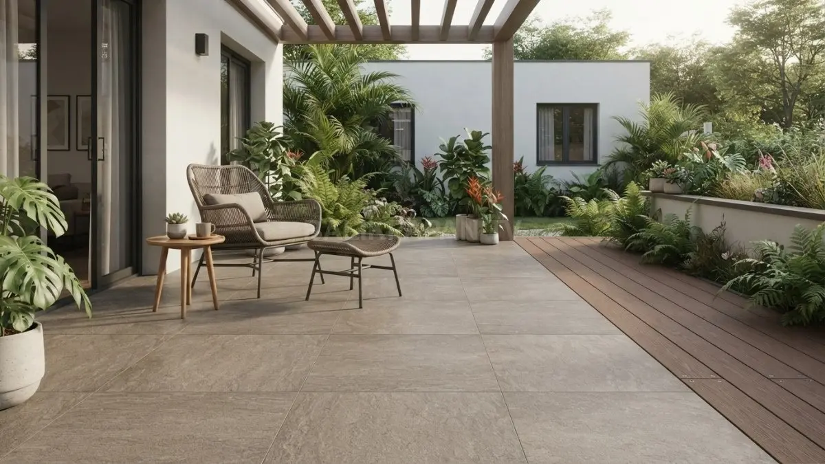 Lantai natural membuat teras minimalis terasa hangat, nyaman, dan tetap praktis untuk santai sore di rumah (BTV/AI)
