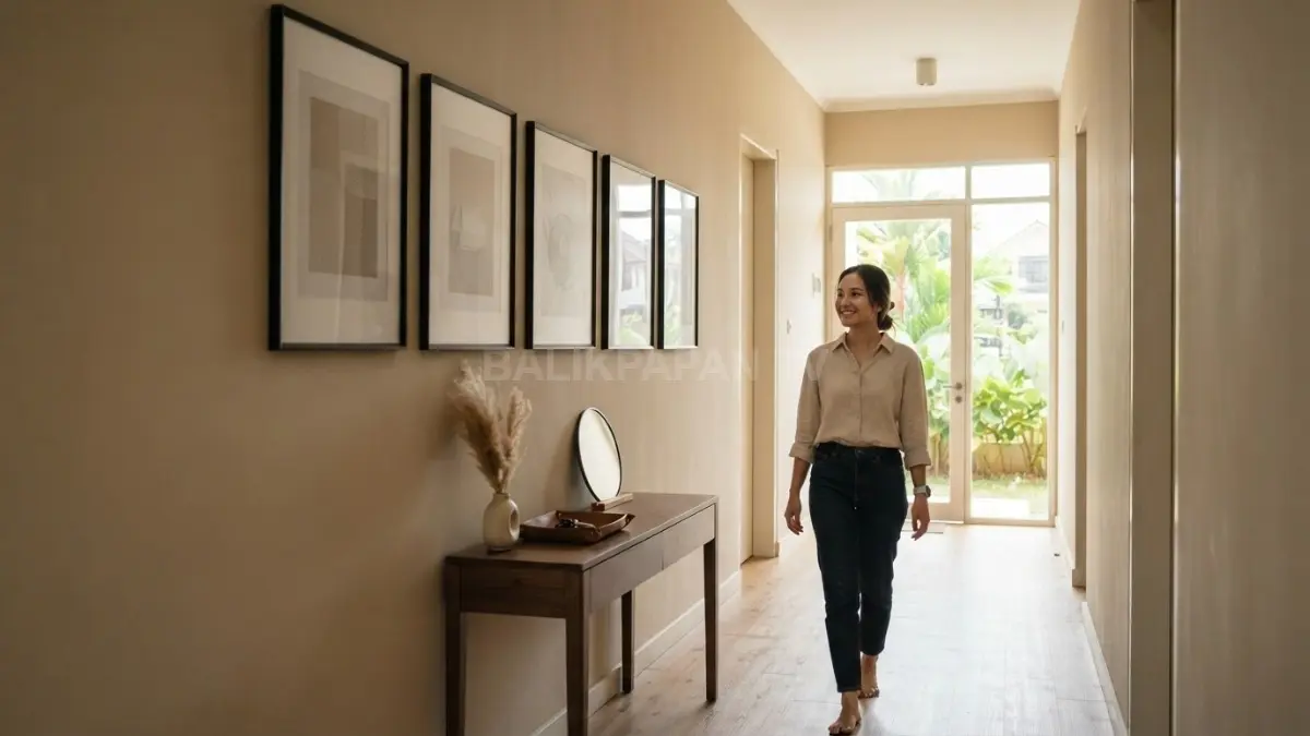 Lorong rumah bergaya Belanda menghadirkan galeri minimalis dengan bingkai kayu, dinding terang, dan pencahayaan alami. (BTV/AI)