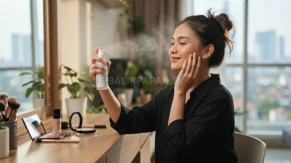 Makeup akan lebih awet jika setting spray digunakan setelah seluruh rangkaian base makeup siap dan sesuai kondisi kulit. (BTV/AI)

