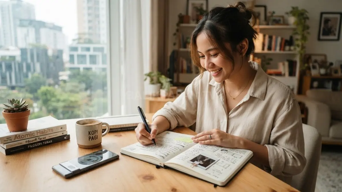 Mencatat aktivitas harian bisa menjadi konten visual personal, kreatif, sederhana, dan tetap menyenangkan tanpa tekanan. (BTV/AI)
