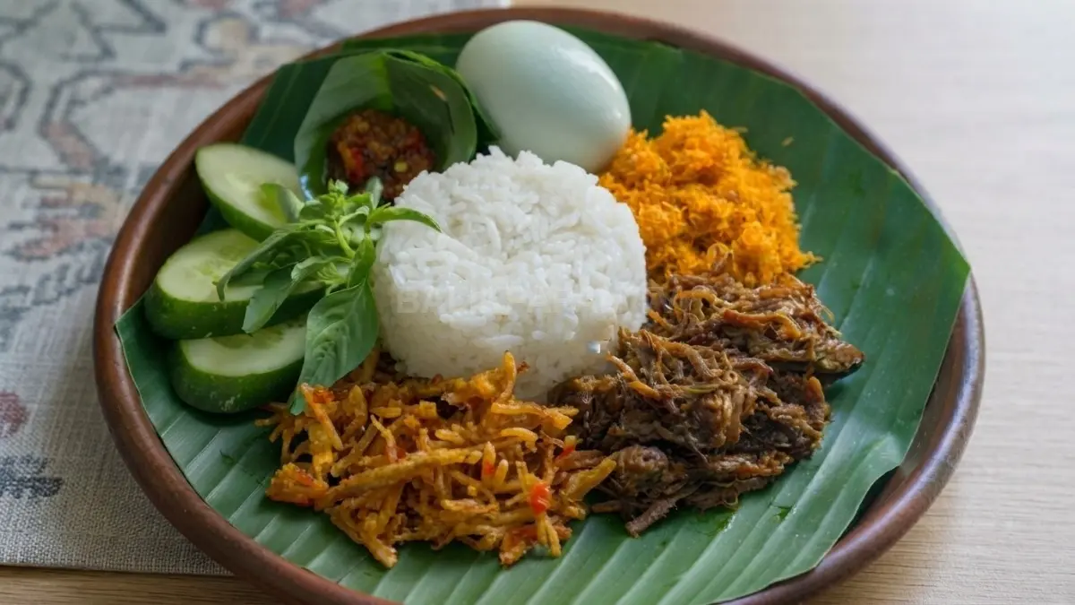 Nasi krawu dengan nasi putih, daging sapi suwir, serundeng merah-kuning, dan sambal disajikan di atas daun pisang.