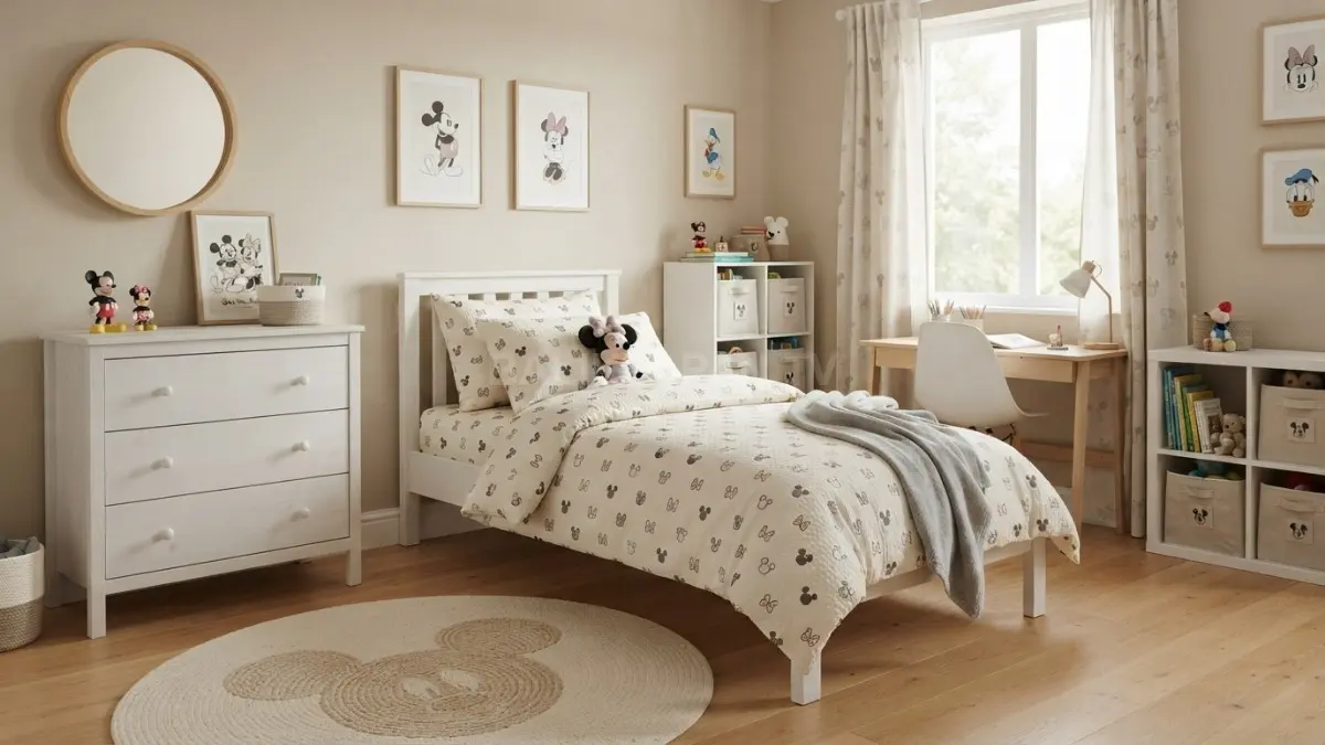 Padukan furnitur netral dengan dekorasi Mickey dan Minnie agar kamar tetap fleksibel, hemat, serta mudah diperbarui. (BTV/AI)
