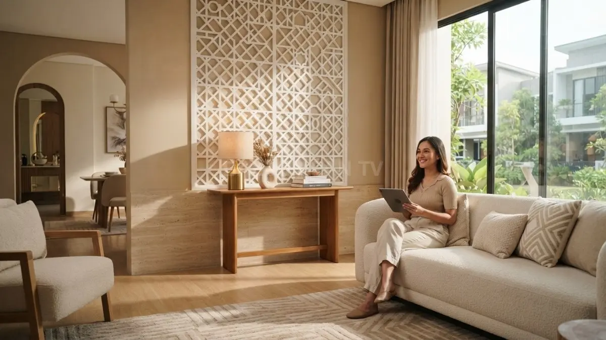 Panel mashrabiya modern menghadirkan pola geometris, permainan cahaya, dan bayangan sebagai aksen interior bernuansa Qatar. (BTV/AI)