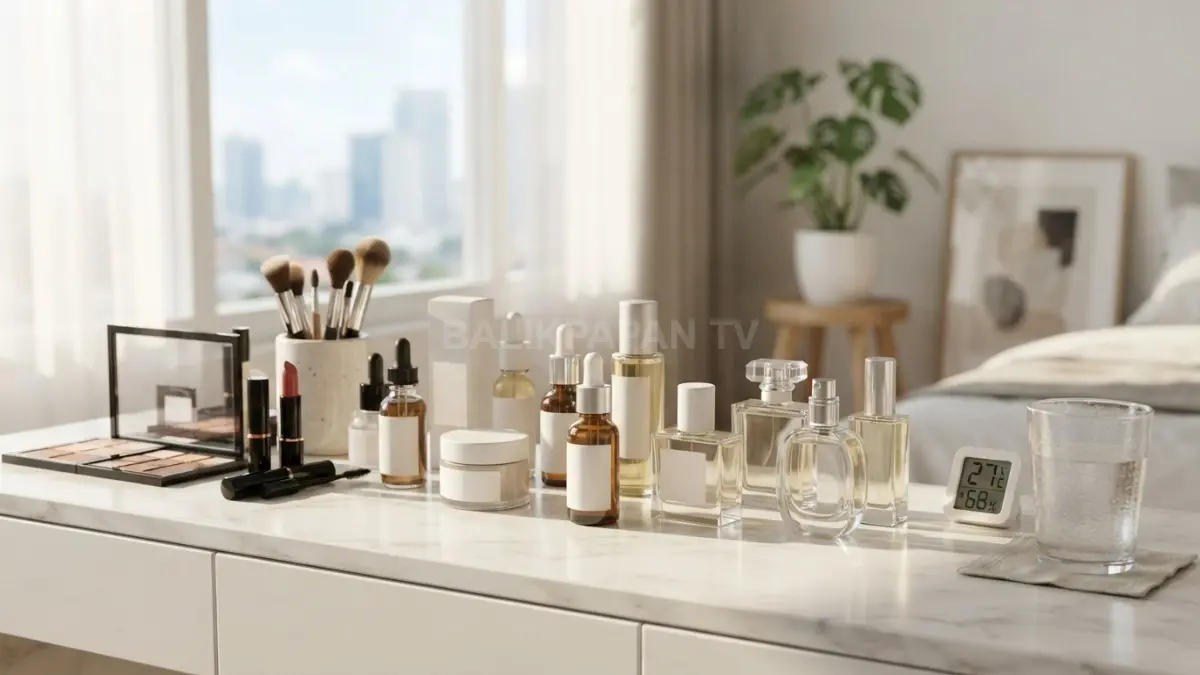 Penataan produk perawatan kulit dan parfum di meja rias mewah terpapar pencahayaan alami nan lembut. (BTV/Ai)
