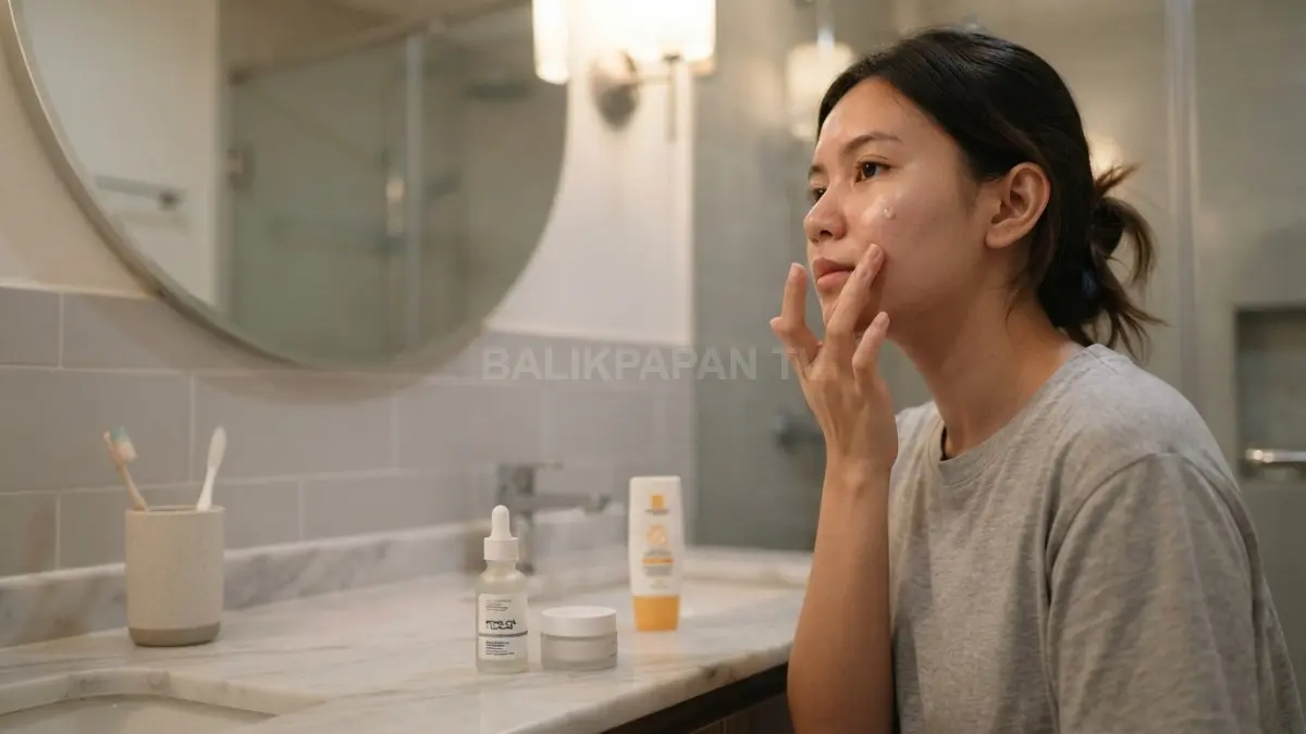 Penggunaan serum retinol malam hari diimbangi pelembap serta tabur surya di pagi hari untuk perawatan optimal. (BTV/Ai)