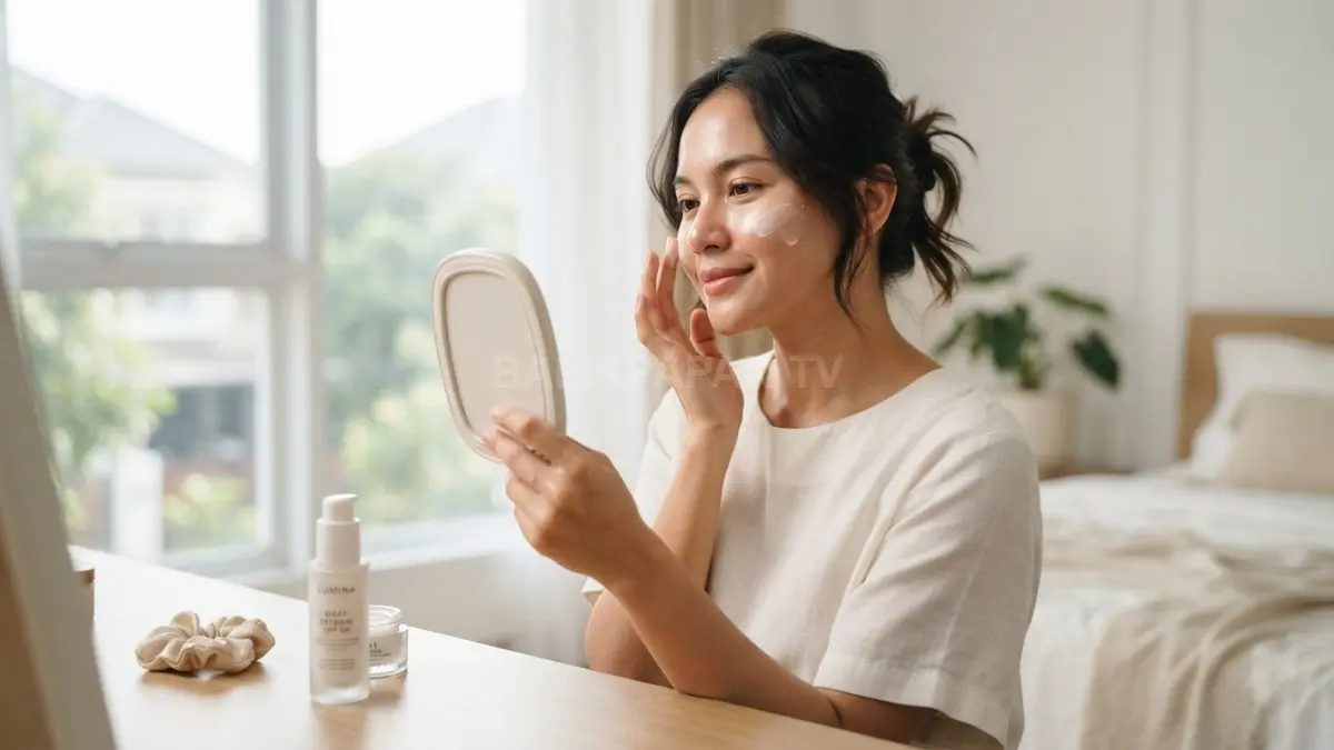 Penggunaan sunscreen secara teratur menjadi langkah penting menjaga kesehatan dan ketahanan kulit wajah harian. (BTV/Ai)