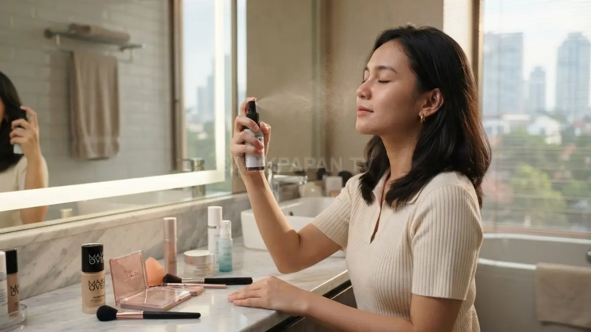 Perempuan merapikan makeup dengan setting spray di depan cermin, menciptakan tampilan natural, fresh, clean, dan tahan lama (BTV/AI)
