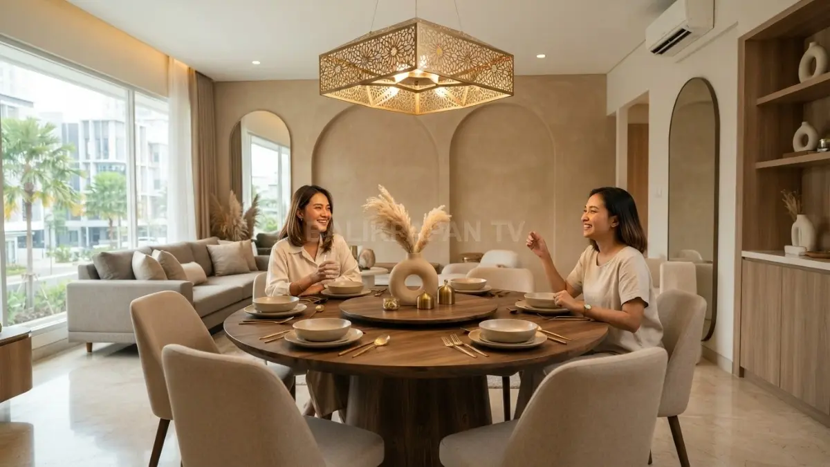 Ruang makan bergaya Qatar memadukan meja kayu natural, kursi beige, lampu geometris, dan dekorasi bernuansa pasir. (BTV/AI)