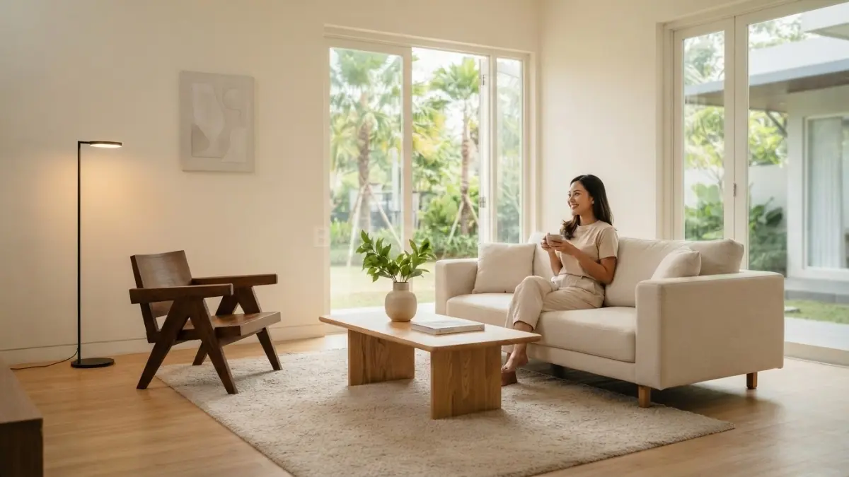 Ruang tamu bergaya Belanda memadukan dinding putih tulang, sofa krem, kayu natural, dan furnitur sederhana. (BTV/AI)