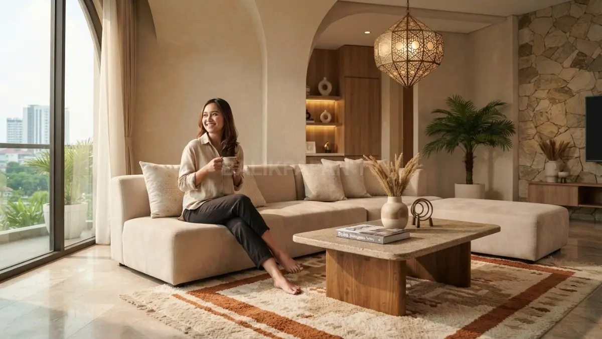 Ruang tamu bergaya majlis Qatar memadukan sofa krem, meja kayu, karpet geometris, dan pencahayaan hangat elegan. (BTV/AI)