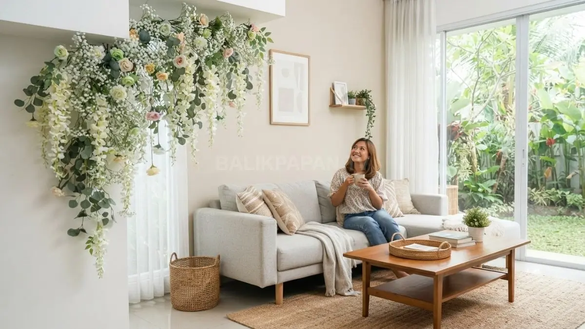 Ruang tamu garden lounge menghadirkan hiasan gantung bunga menjuntai, sofa netral, dan aksen natural yang menyegarkan. (BTV/AI)