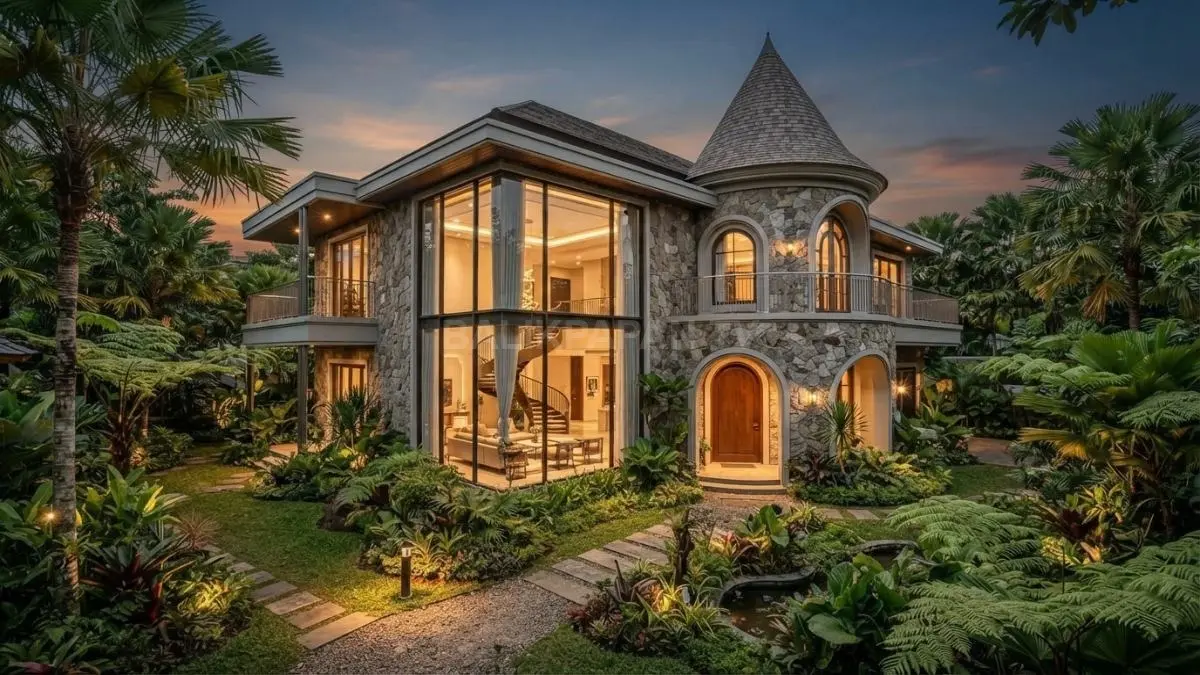 Rumah bergaya istana dongeng menampilkan jendela besar, fasad megah, taman hijau, serta arsitektur elegan. (BTV/AI)