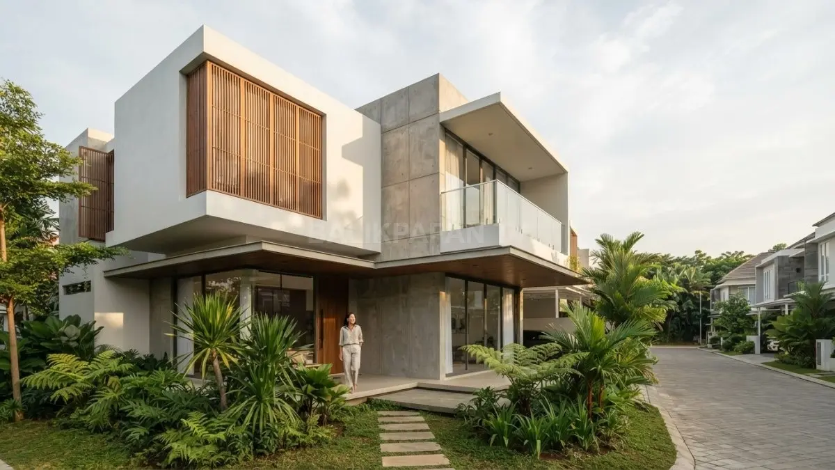 Rumah geometris minimalis menampilkan massa bertumpuk, material bertekstur, kaca, kayu, dan cahaya alami artistik. (BTV/AI)