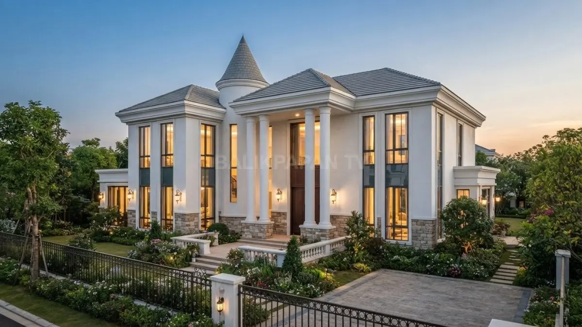 Rumah istana putih memadukan jendela tinggi, teras berpilar, material batu, dan taman berbunga yang elegan. (BTV/AI)
