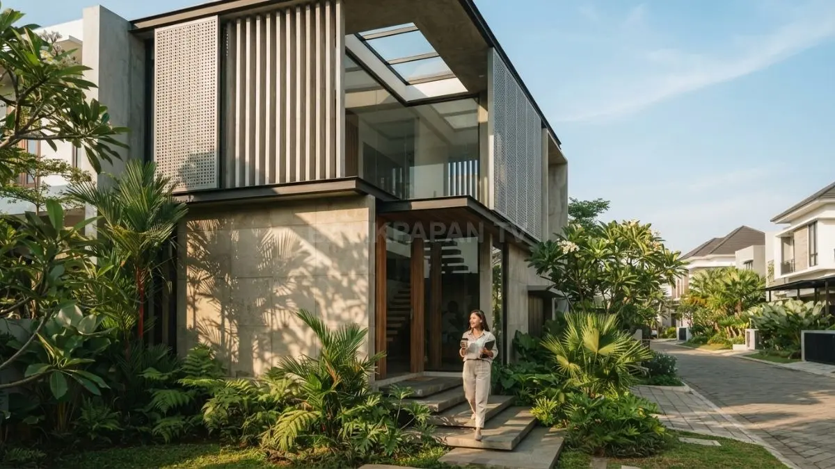 Rumah minimalis artistik memanfaatkan permainan cahaya, bayangan, kisi, skylight, dan material bertekstur sebagai elemen desain. (BTV/AI)