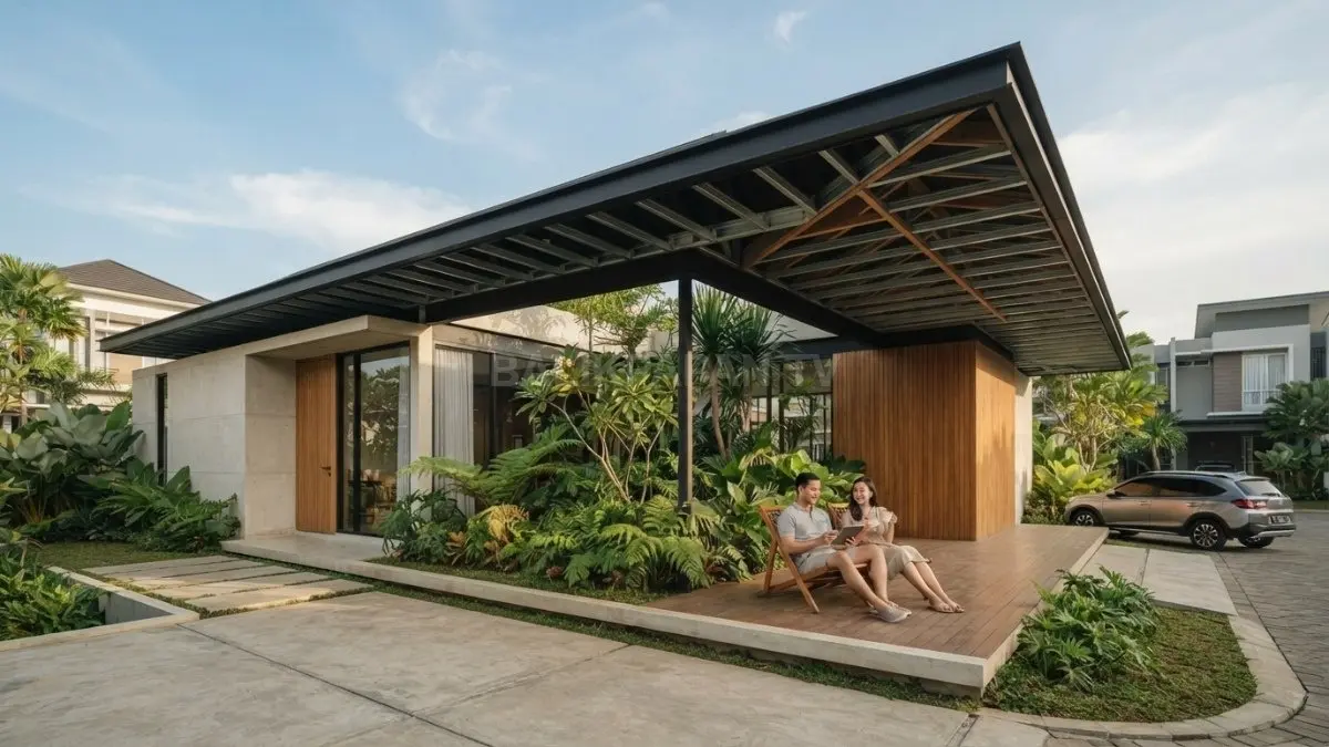 Rumah minimalis artistik menonjolkan atap besar sebagai identitas, dilengkapi teritis lebar dan ruang keluarga nyaman. (BTV/AI)