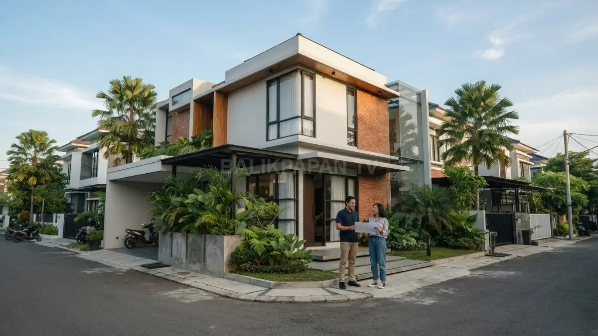 Rumah minimalis bergaya Jerman menampilkan geometri bersih, material kayu, bata, kaca, serta efisiensi ruang modern. (BTV/AI)