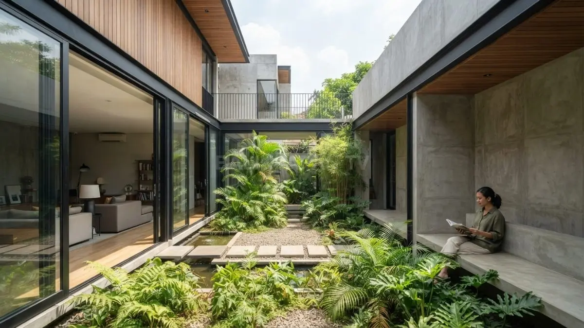 Rumah minimalis dengan atrium menghadirkan cahaya alami, ventilasi, taman internal, serta pusat visual artistik. (BTV/AI)