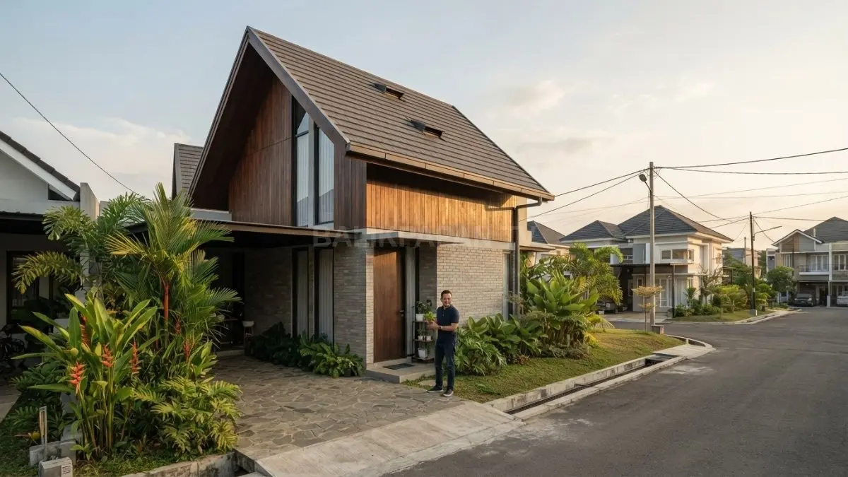 Rumah minimalis Jerman bergaya pedesaan menampilkan atap pelana, fasad sederhana, jendela vertikal, dan material natural. (BTV/AI)