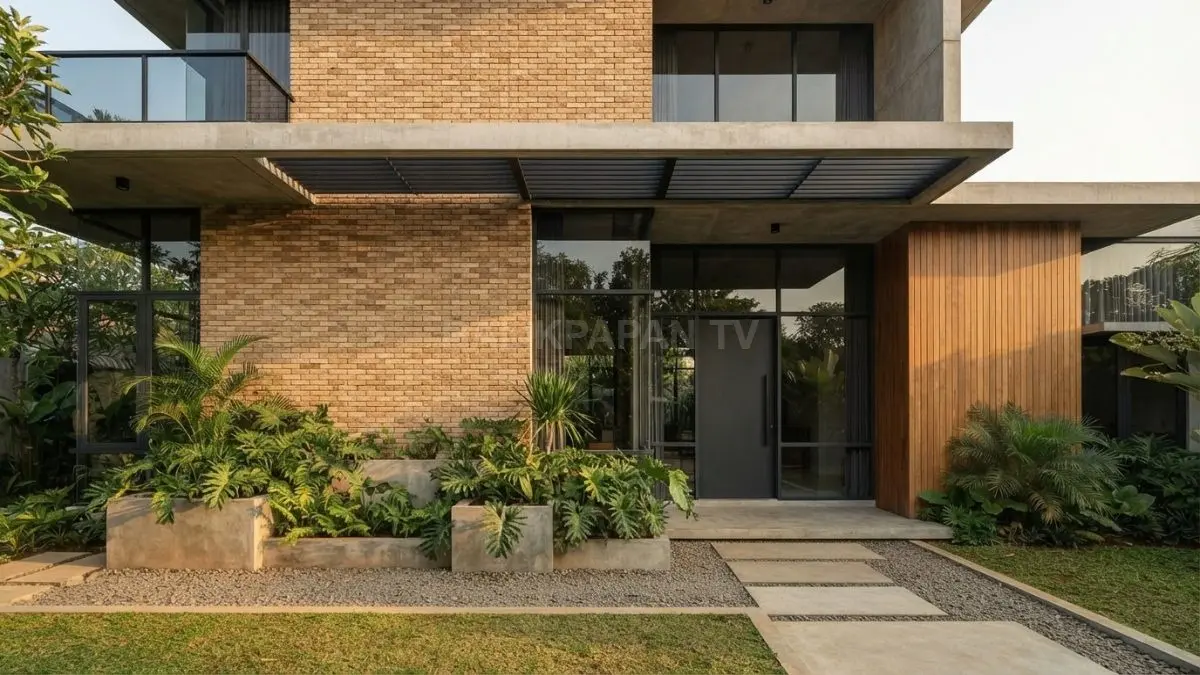 Rumah minimalis Jerman memadukan bata ekspos, beton, dan kaca untuk menciptakan fasad modern bertekstur. (BTV/AI)
