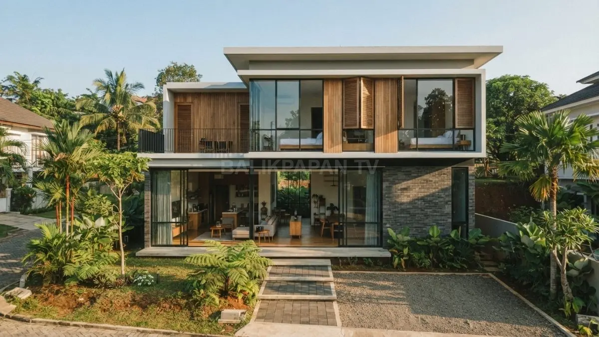 Rumah minimalis Jerman memadukan geometri bersih, material alami, kaca, dan efisiensi ruang untuk hunian modern. (BTV/AI)
