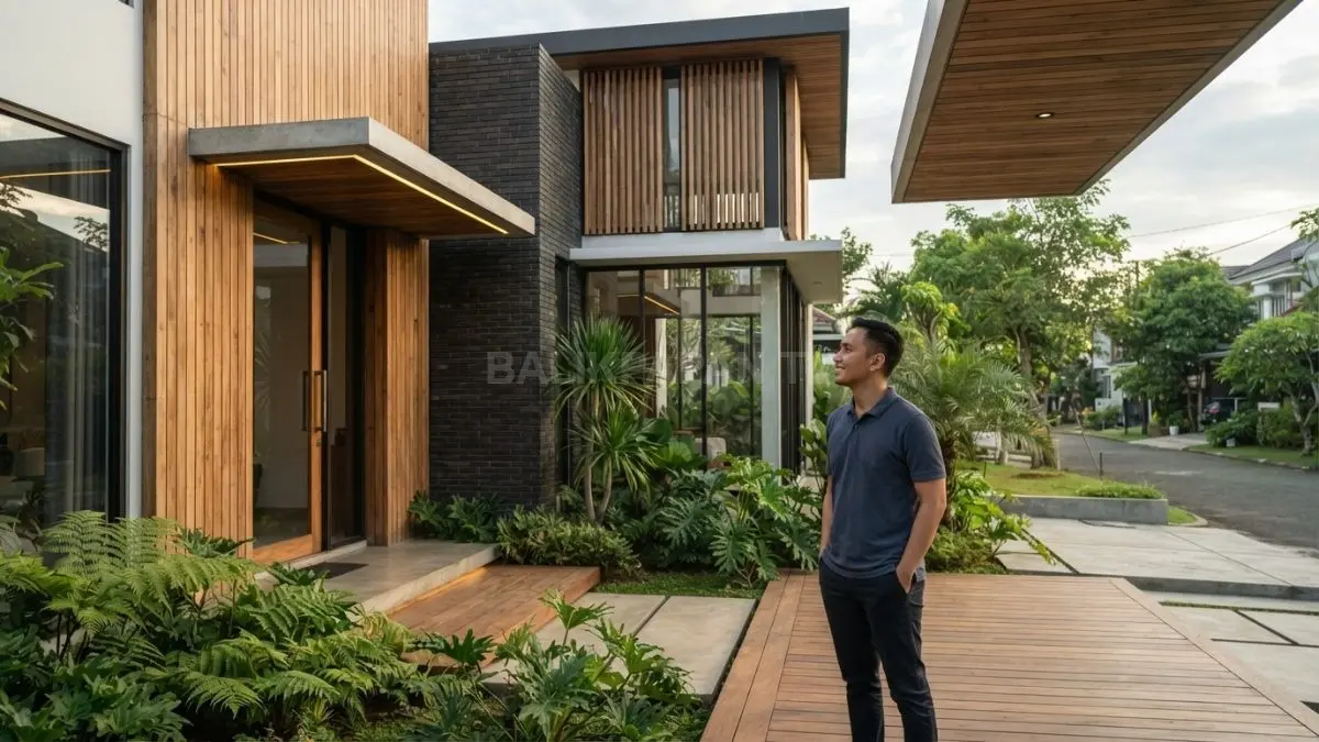 Rumah minimalis Jerman memadukan kayu natural, geometri sederhana, kaca, serta material modern untuk hunian hangat. (BTV/AI)