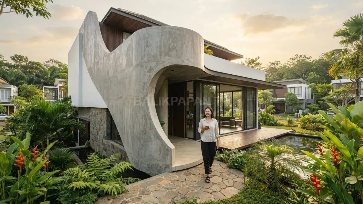 Rumah sculptural menampilkan dinding melengkung dengan material natural, tekstur lembut, dan pencahayaan alami artistik. (BTV/AI)