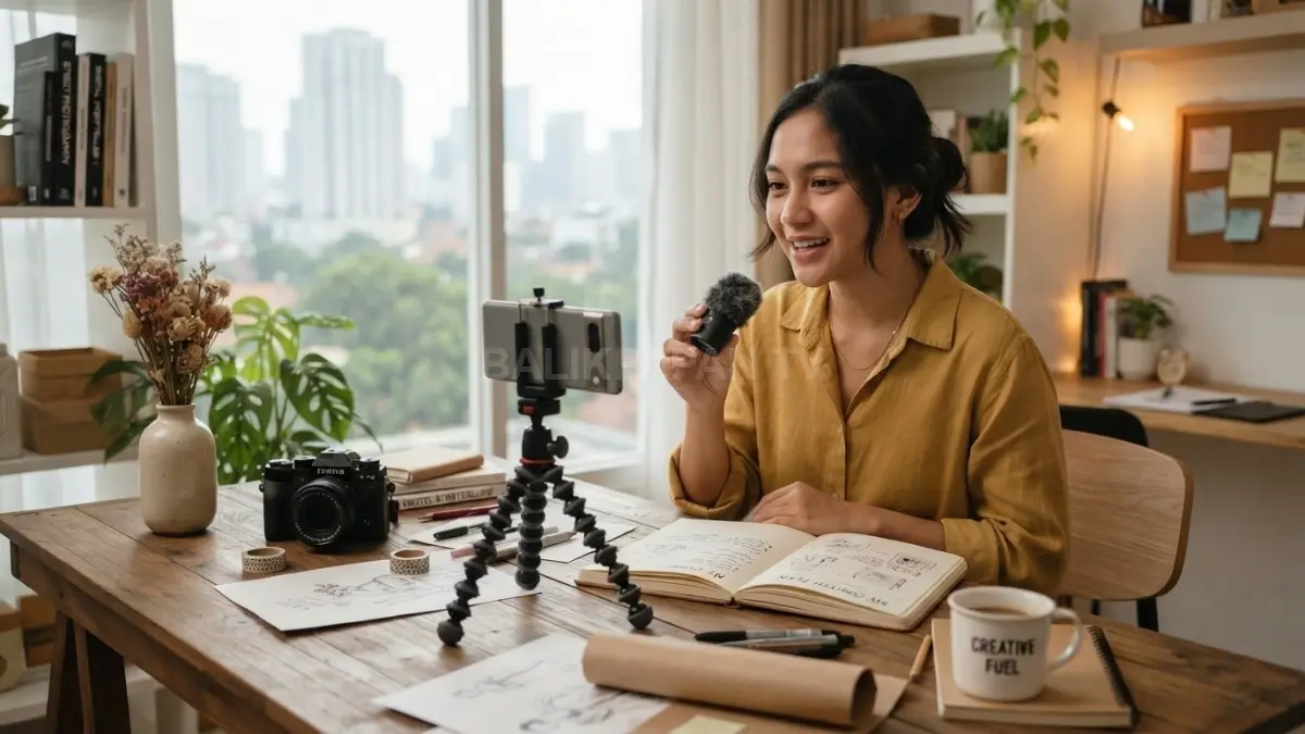 Seseorang menciptakan konten kreatif dengan ponsel, jurnal, kamera, buku, dan perlengkapan DIY bernuansa minimalis. (BTV/AI)