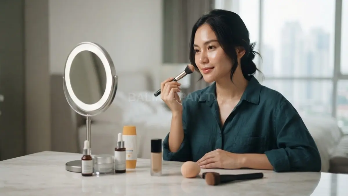 Skincare berlebihan membuat wajah licin sehingga makeup mudah bergeser, luntur, dan kurang menempel sepanjang hari (BTV/AI)
