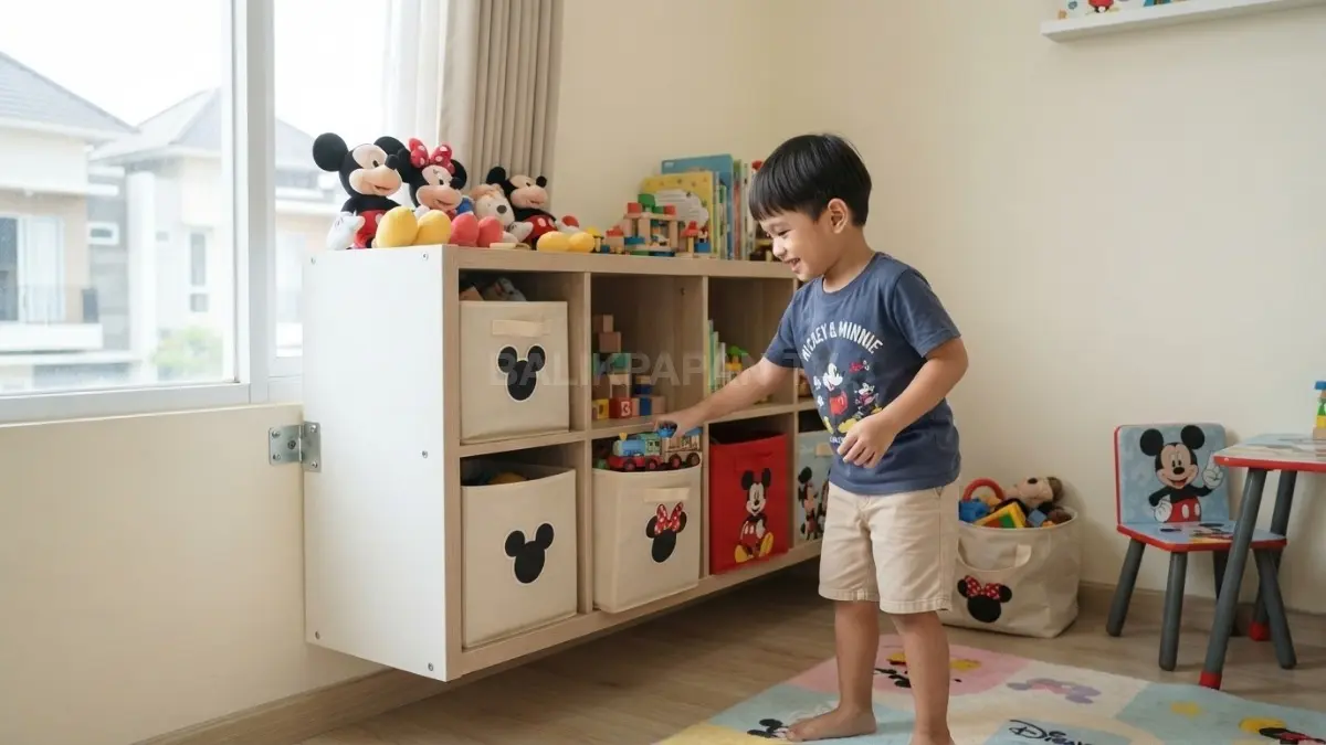 Sudut bermain Mickey & Minnie bisa dibuat lebih rapi dengan storage rendah, terbuka, dan aman untuk anak. (BTV/AI)
