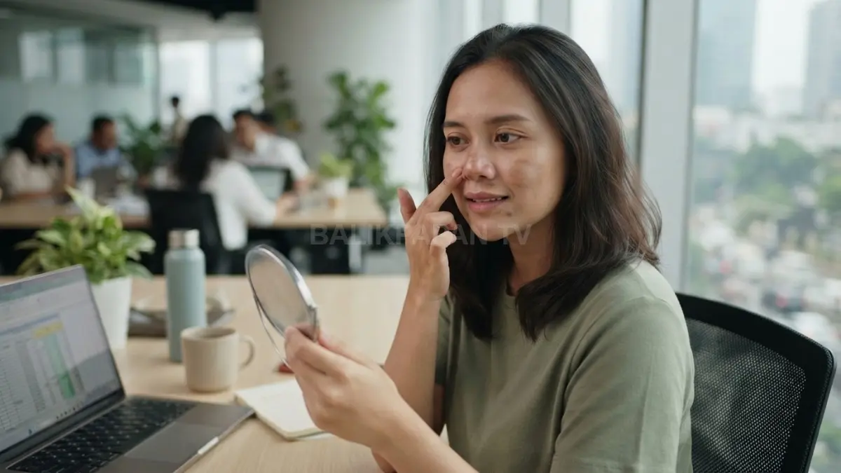 Wajah sering disentuh dan bergesekan dapat membuat makeup cepat bergeser, luntur, serta tampak kurang rapi. (BTV/AI)
