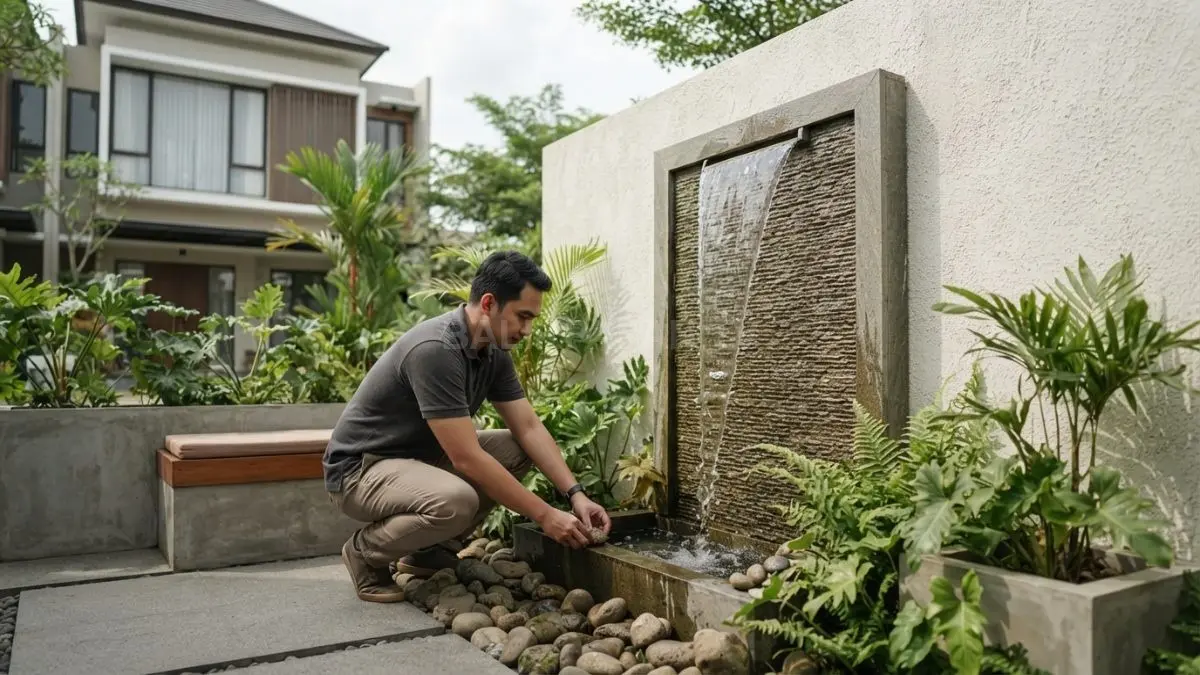 Air mancur ukiran batu andesit memadukan relief artistik, aliran air, dan reservoir kecil untuk taman rumah. (BTV/AI)