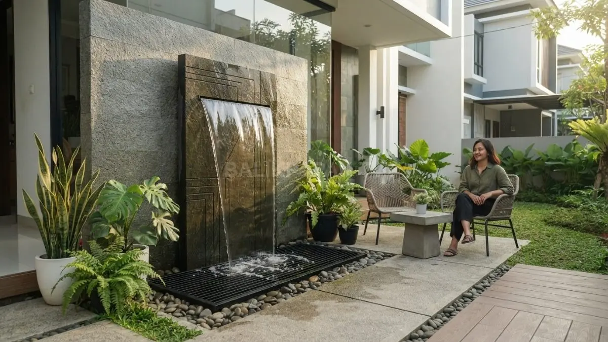 Air mancur ukiran modern memanfaatkan reservoir tersembunyi untuk menciptakan tampilan minimalis hemat ruang dan elegan. (BTV/AI)