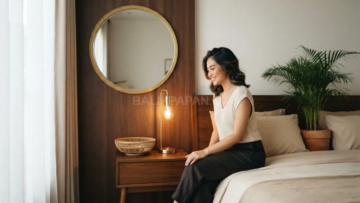 Bali glamor memadukan kayu gelap, aksen emas, pencahayaan hangat, dan material natural menciptakan suasana elegan. (BTV/AI)