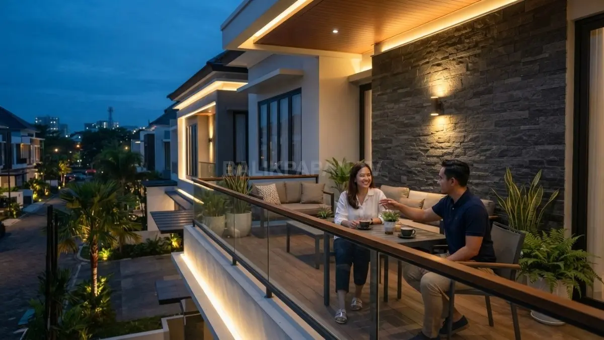 Balkon glamor tampil elegan melalui pencahayaan arsitektural, batu alam, LED tersembunyi, serta komposisi fasad minimalis. (BTV/AI)
