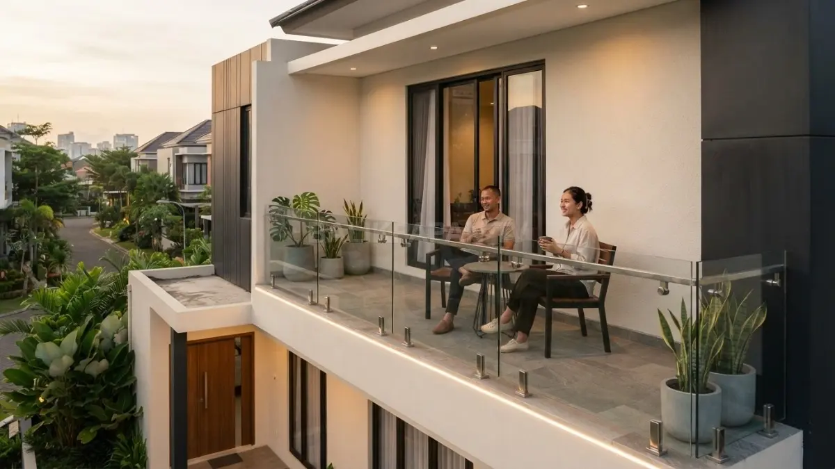 Balkon kaca frameless menghadirkan fasad minimalis elegan dengan lantai batu, dinding putih, dan kusen aluminium. (BTV/AI)