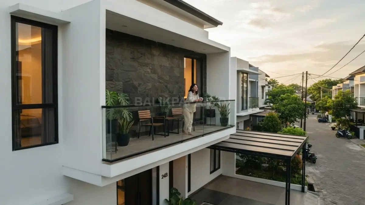 Balkon kotak dengan railing kaca dan batu alam menghadirkan fasad minimalis berkarakter mewah serta elegan. (BTV/AI)