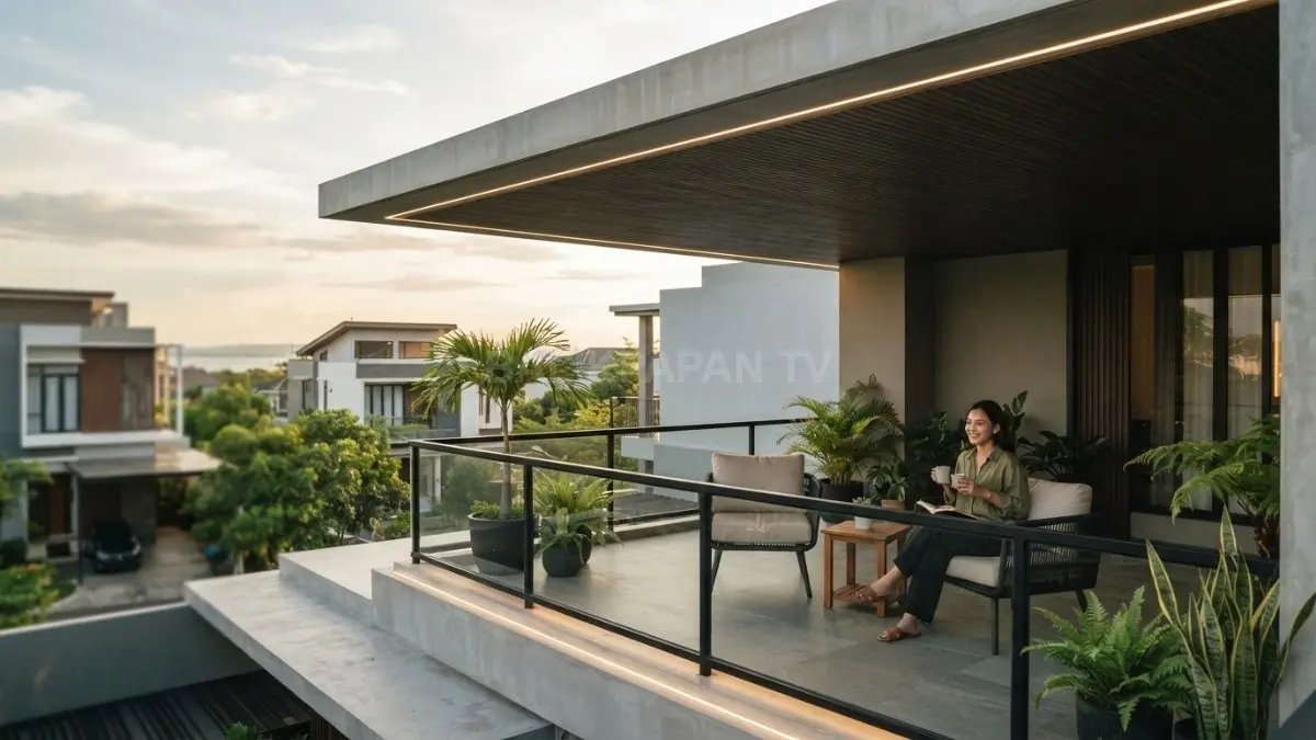 Balkon minimalis dengan atap kantilever memperkuat fasad rumah melalui garis horizontal, plafon elegan, dan pencahayaan tersembunyi. (BTV/AI)