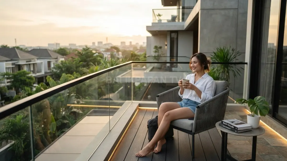 Balkon minimalis mewah memadukan kaca, logam, batu alam, tanaman, serta pencahayaan terukur pada fasad modern. (BTV/AI)