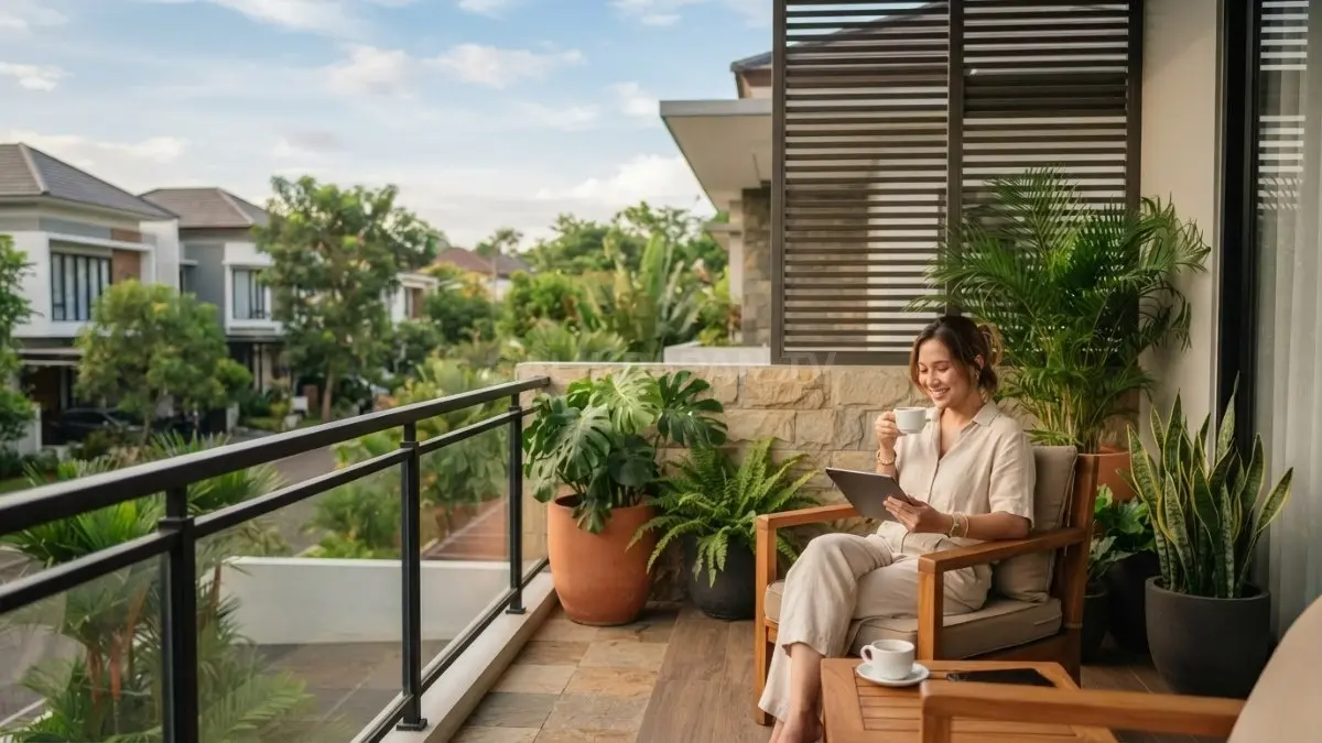 Balkon tropis glamor memadukan tanaman hijau, kisi-kisi elegan, material premium, dan privasi untuk hunian modern. (BTV/AI)